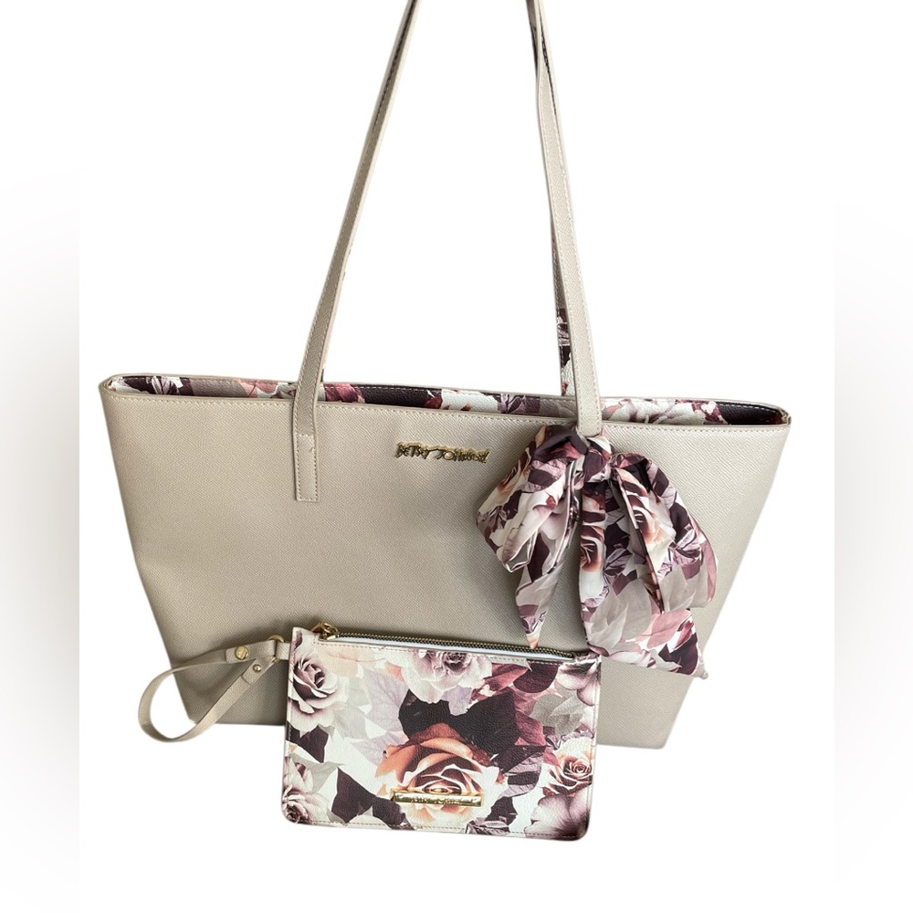 Betsey Johnson Large Beige Tote Purse Bag With Wristlet Floral Pattern